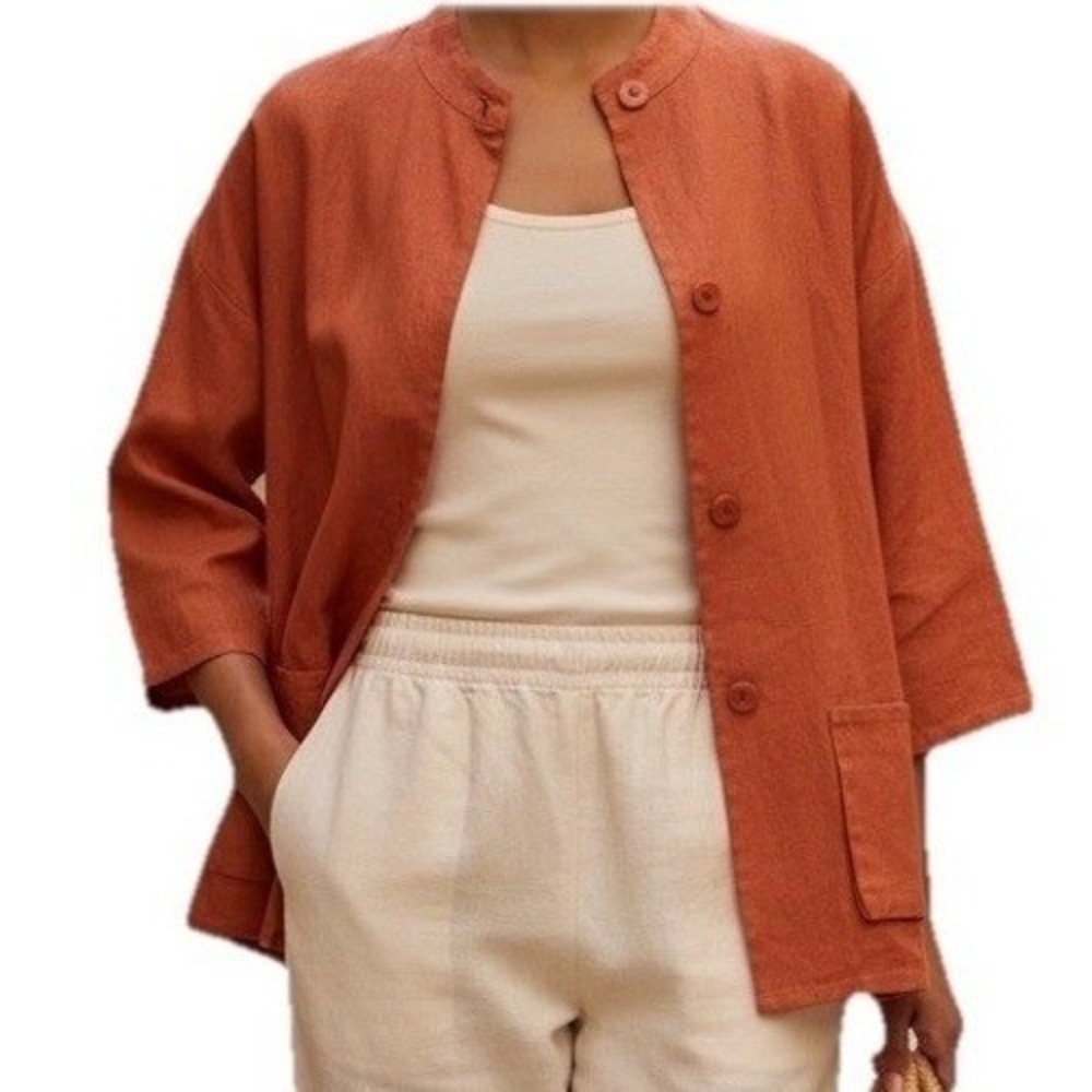 Simona Chin Chin Jacket Women Small Orange Linen Blend Button Up Mandarin Collar